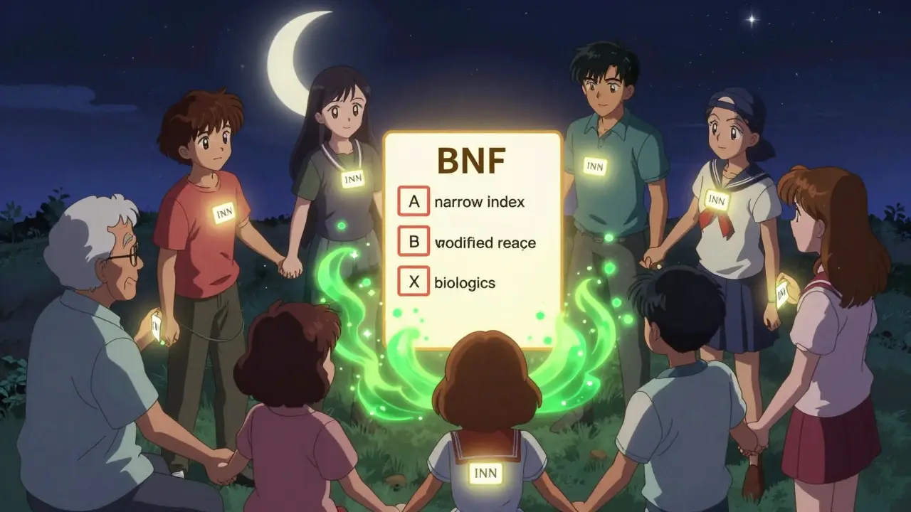 Patients hold glowing generic drug names in a circle, with a checklist highlighting safe exceptions under a starry anime sky.
