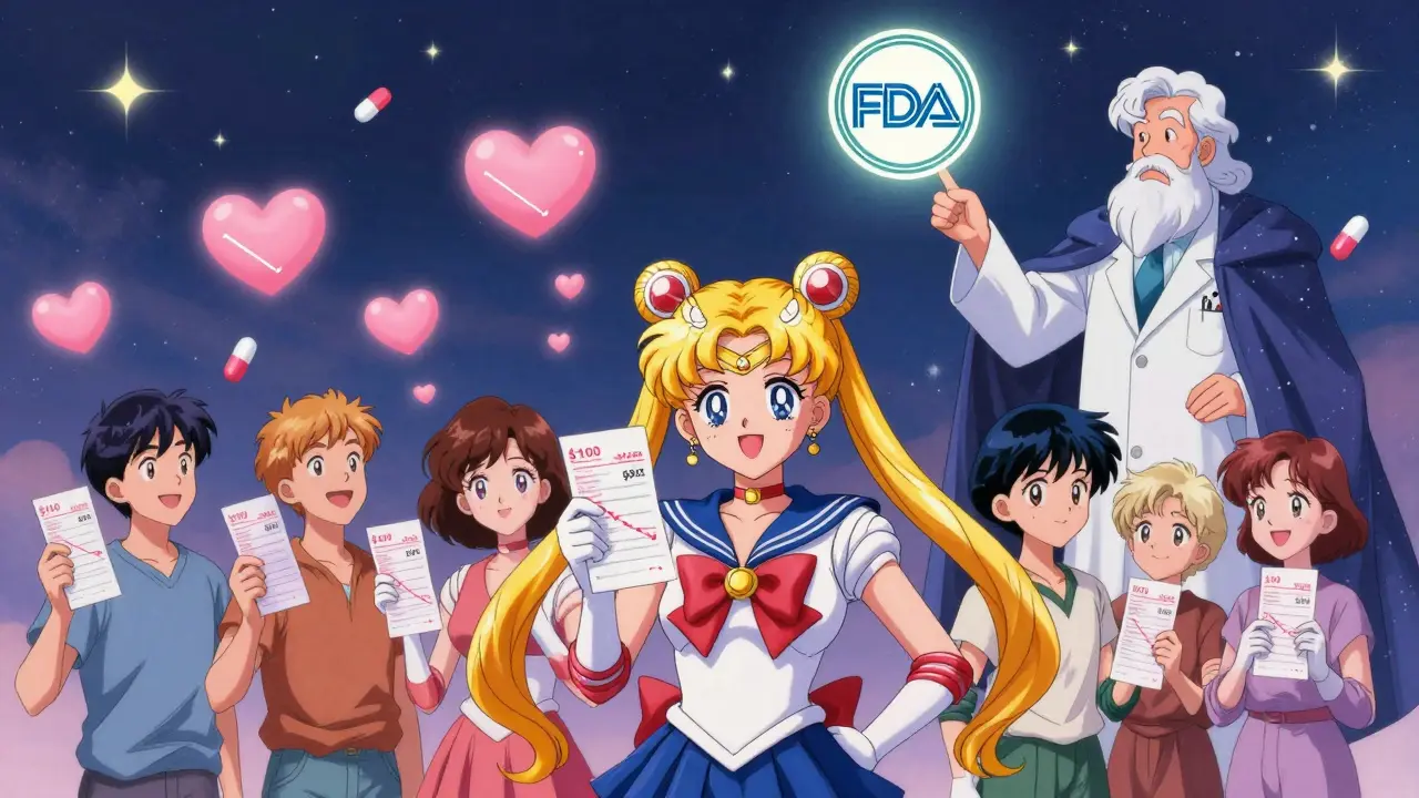 Patients smiling as prescription prices fall into hearts, guided by a celestial pharmacist under a glowing FDA seal.