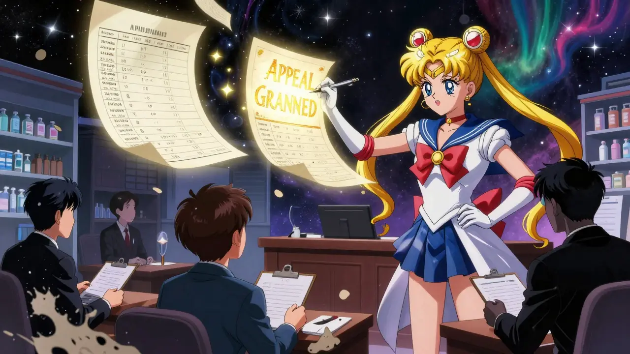 Pharmacist defending patient's appeal with glowing medical records, insurer figures dissolving in cosmic anime scene.