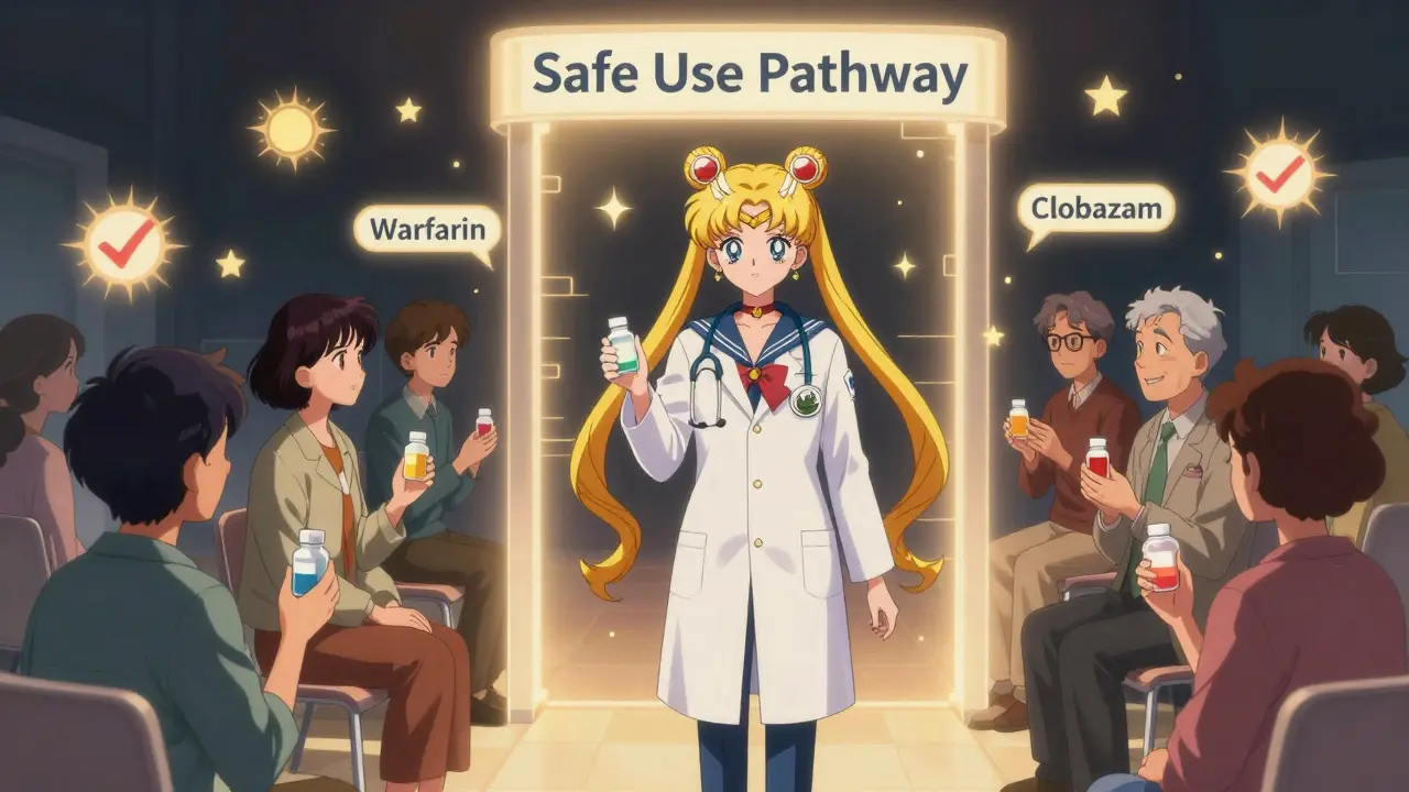 Pharmacist guiding patients through a safe pathway, avoiding hazardous medication interactions with glowing symbols.