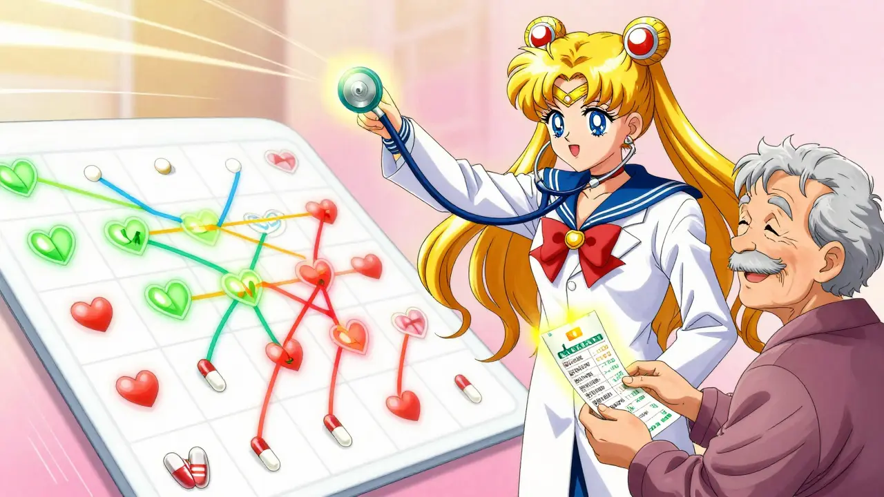 Pharmacist reviewing a glowing medication chart with a senior patient, colorful energy threads showing safe and unnecessary pills.