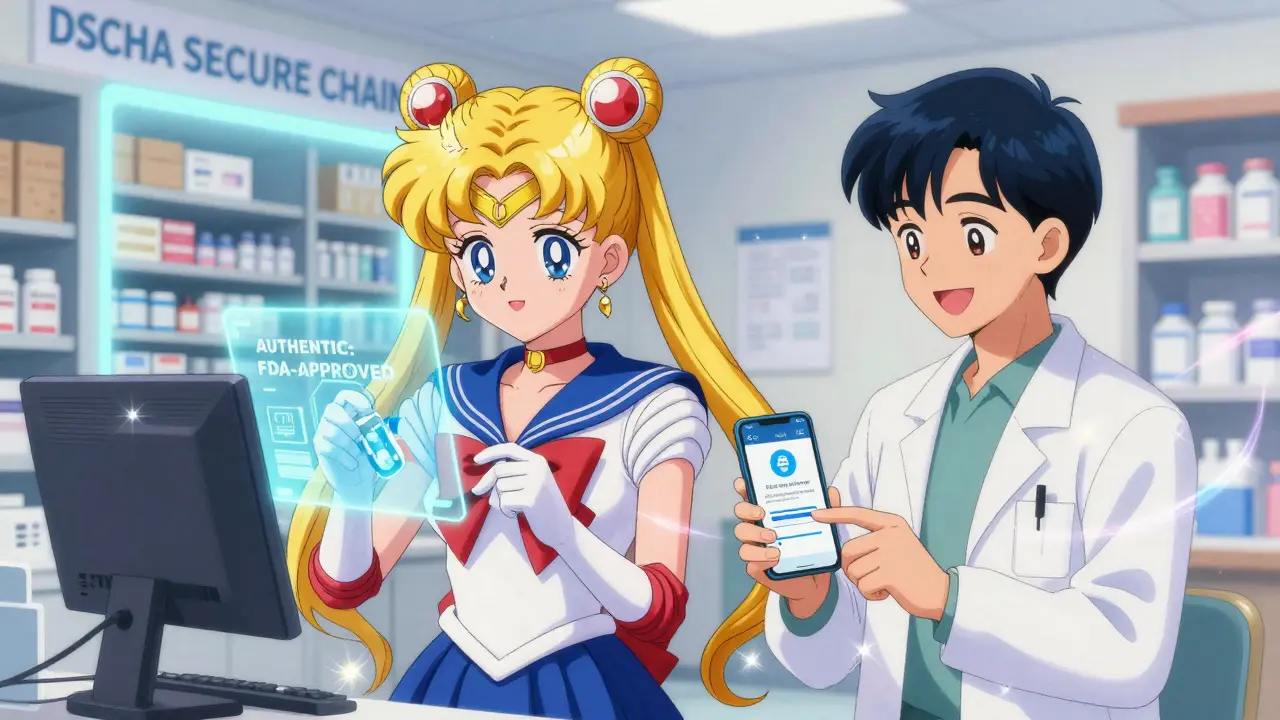 Pharmacist scanning a bottle with a holographic authenticity screen, customer holding a verification app