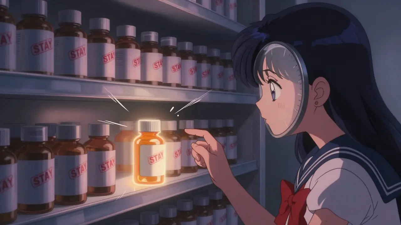 Pharmacy shelf with a glowing brand drug and shadowed generics marked 'STAY', a patient reaching out as a countdown clock blocks access.