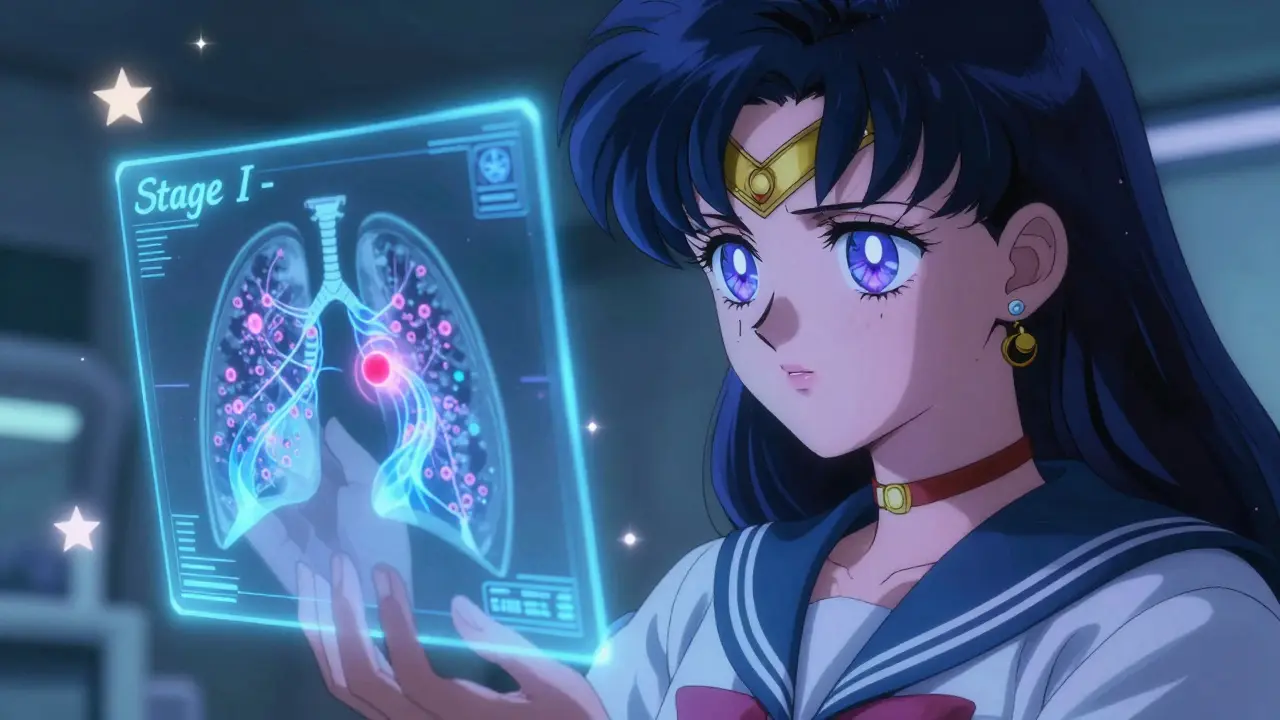 Radiologist examining a glowing 3D lung scan with a small red nodule and healing energy.