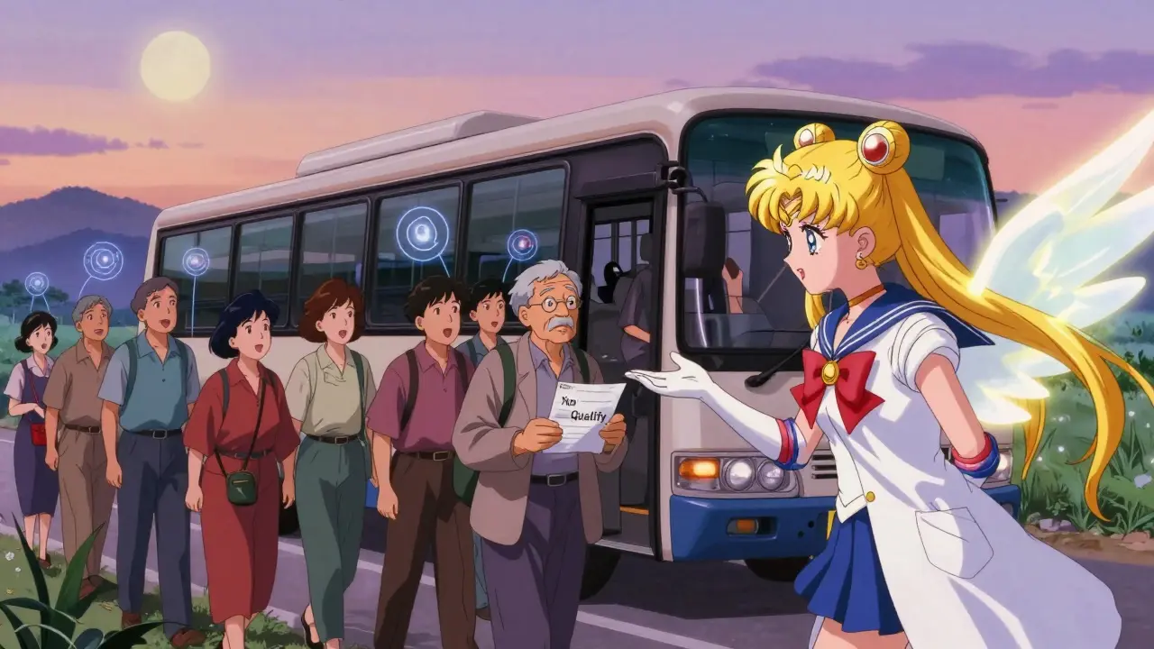 Rural villagers arriving at a mobile screening unit under a twilight sky with a glowing guide figure.