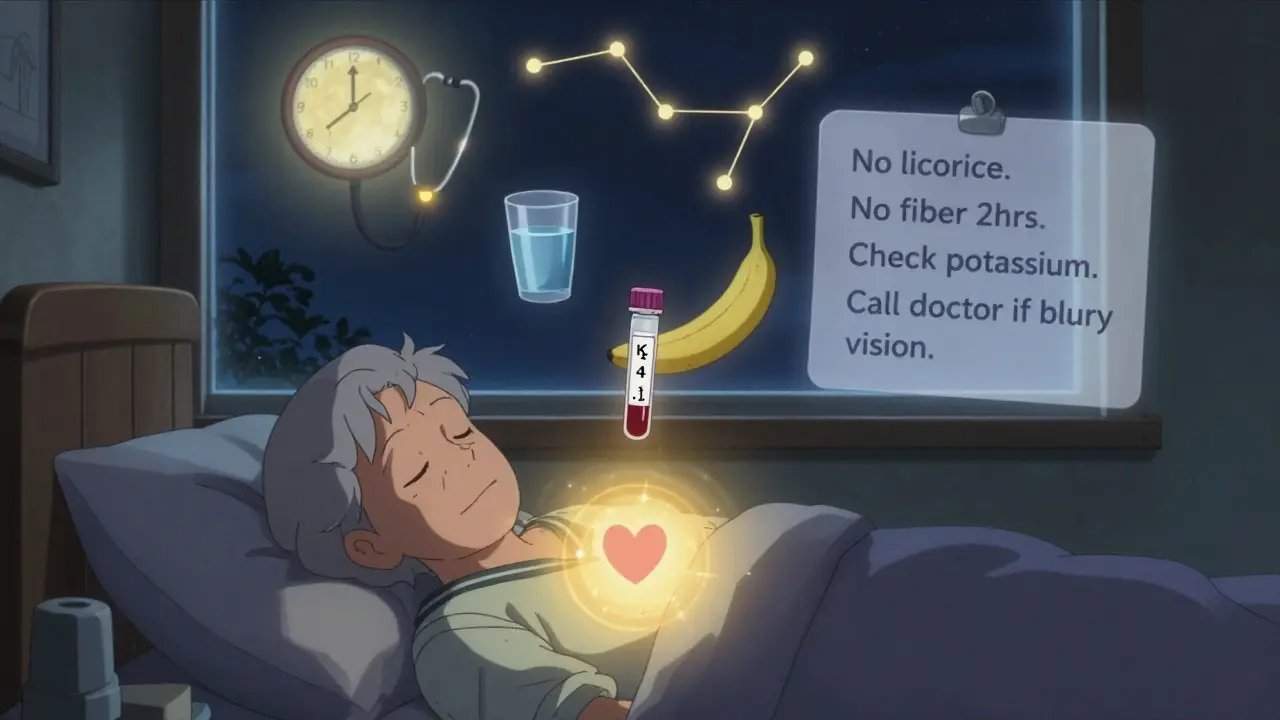 Senior sleeping peacefully with floating health symbols including banana, clock, and blood test in anime style.