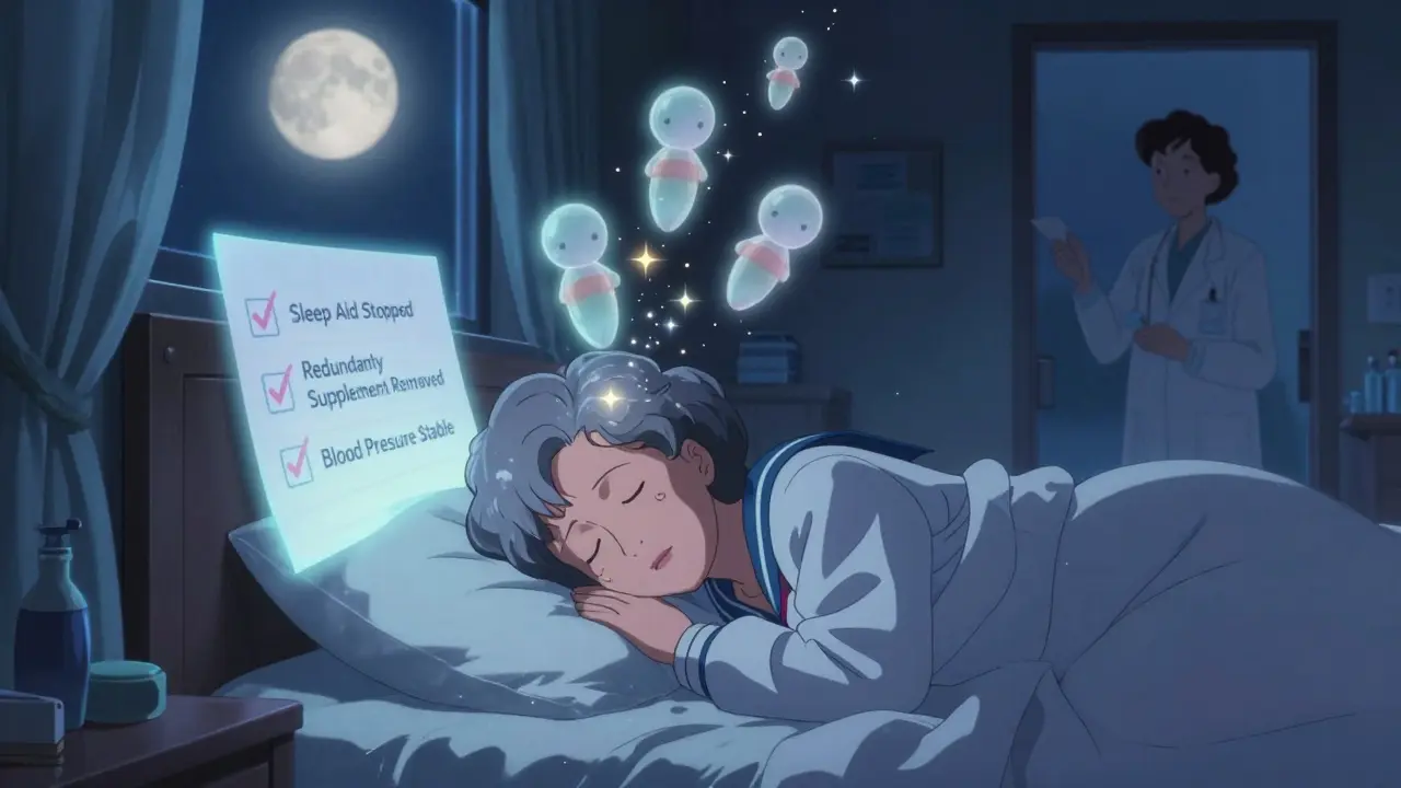 Senior woman sleeping peacefully as three fading pill spirits rise into starlight, with a glowing checklist above her bed.