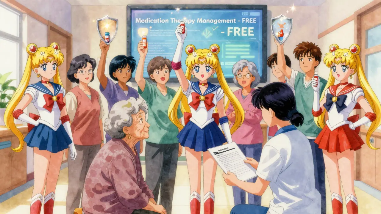 Seniors and caregivers united in clinic, holding pill bottles that turn into protective shields.