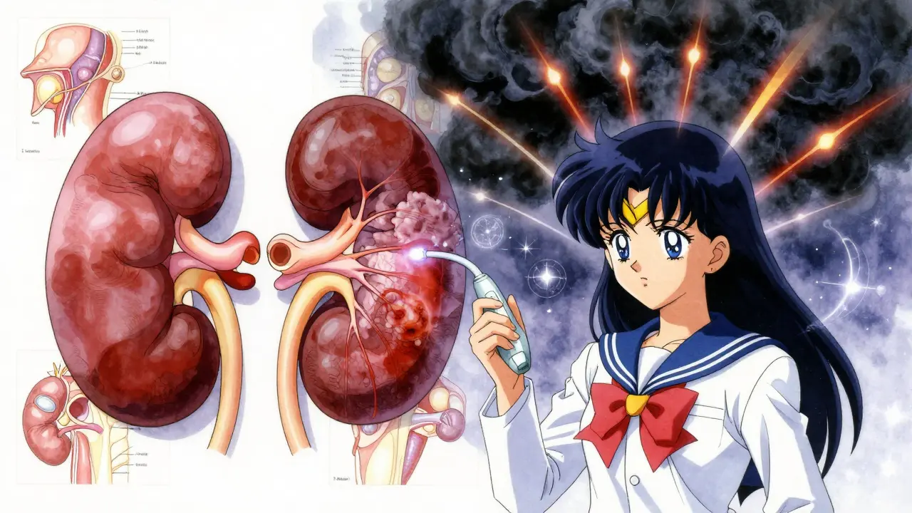 Side-by-side healthy and obstructed kidneys with Doppler flow lines and anime-style medical runes.