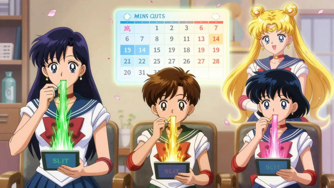 Three people taking SLIT tablets as colored energy flows into their chests, symbolizing immune training and seasonal relief.