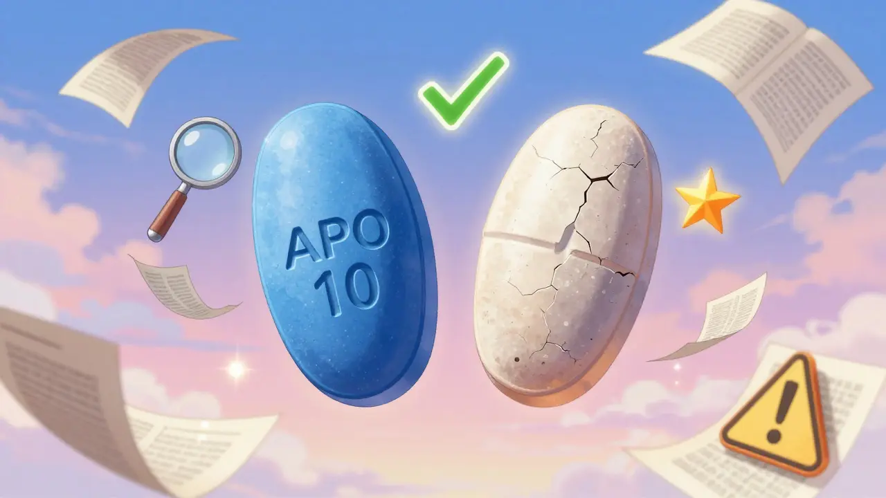 Two pills side by side: one authentic with clear imprint, one fake with cracks and no stamp