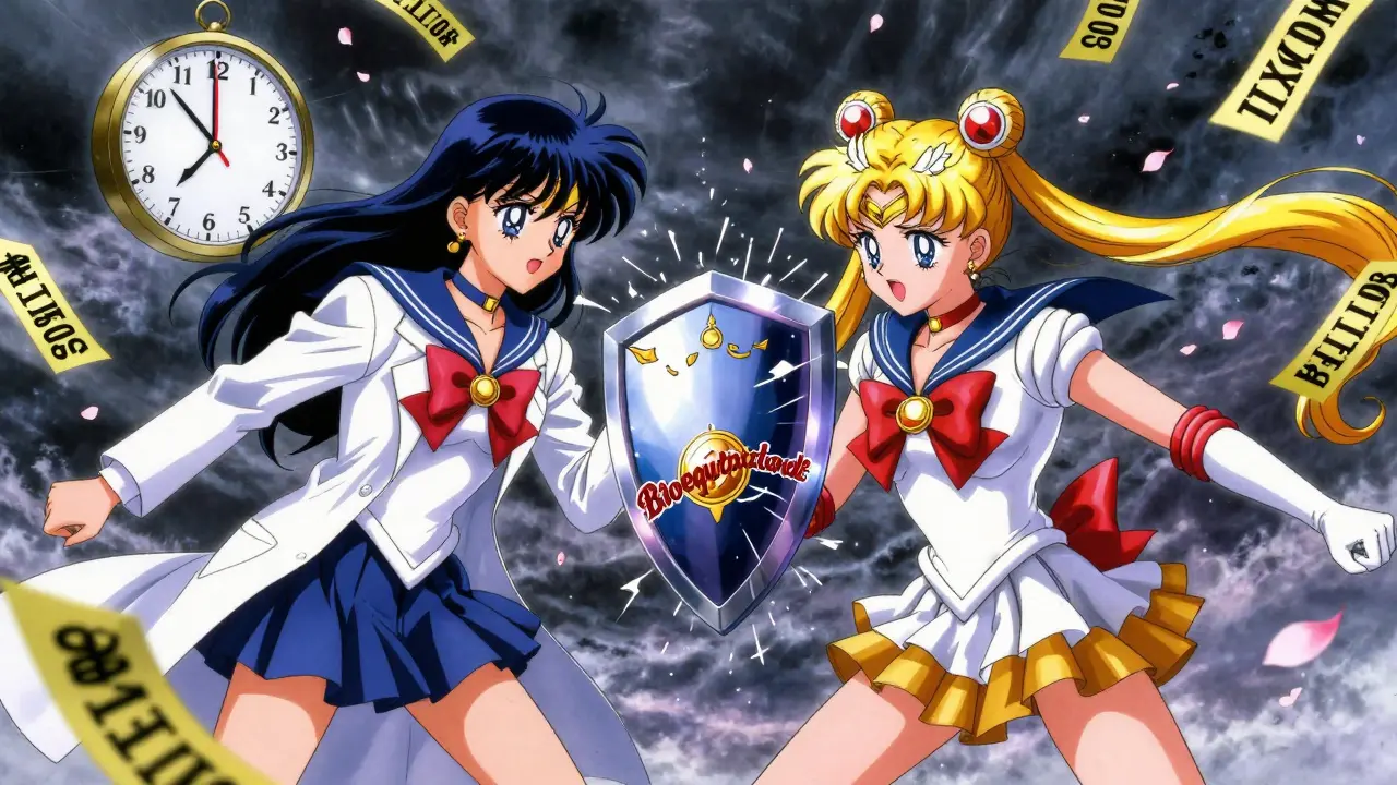 Two superhero pharmacists in battle, one with a monopoly clock, the other wielding a bioequivalent blade.