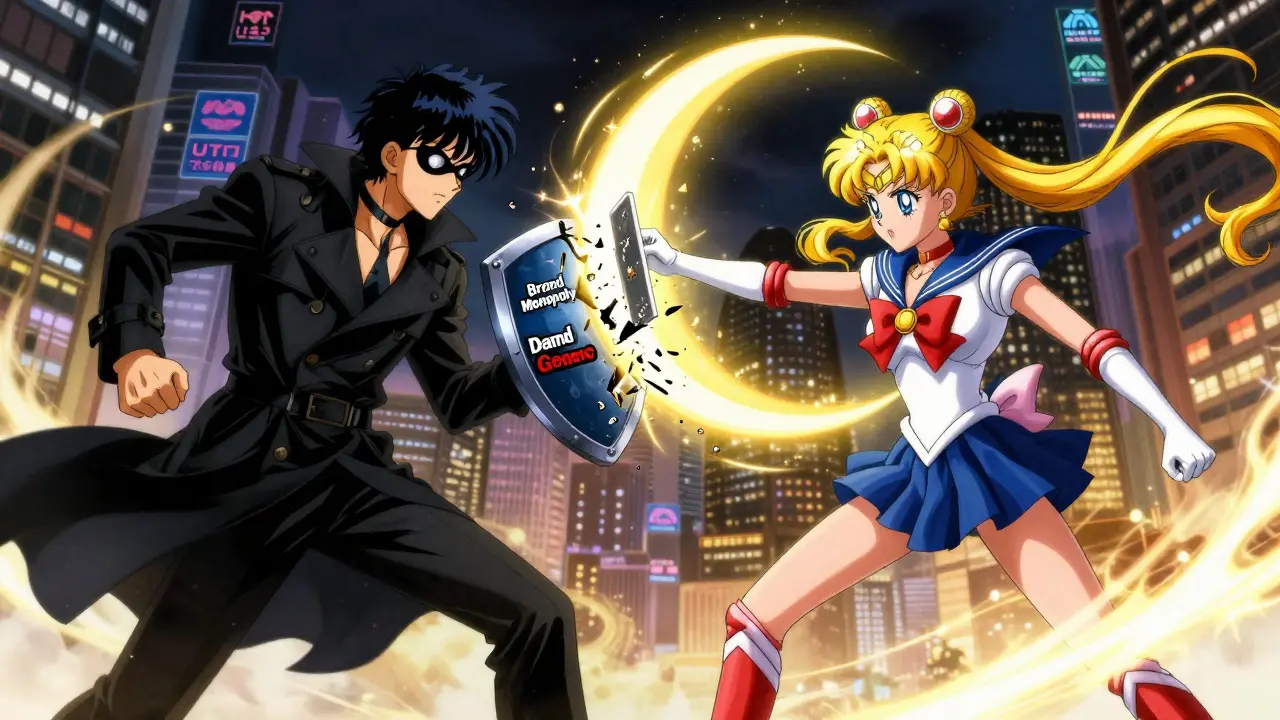 A battle between masked figures representing brand control and authorized generics, with cosmic energy and FDA logos in the sky.