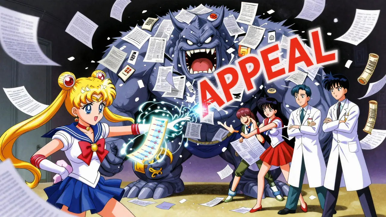 A bureaucratic monster made of paperwork attacks a patient's vital hormone thread, defeated by a team using electronic appeals and state law scrolls.