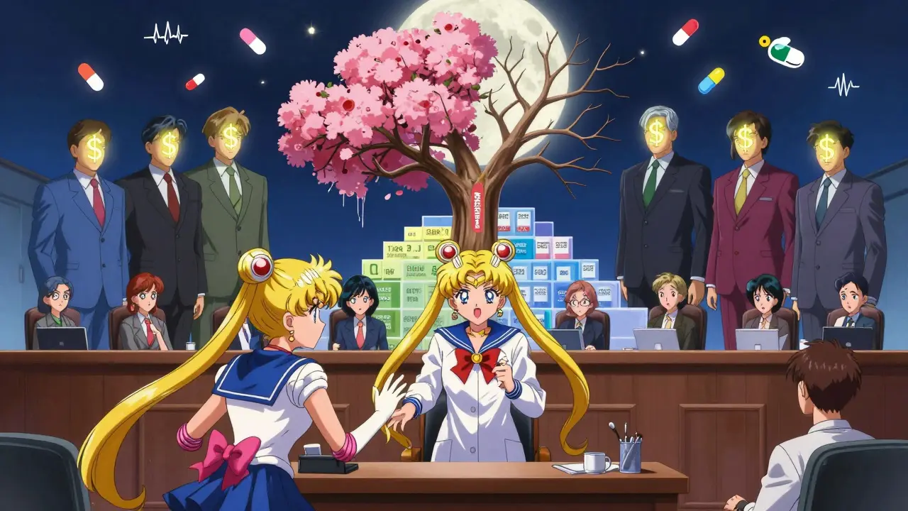 A doctor battles giant PBM avatars in a courtroom lit by a formulary tree with tiered branches in anime style.