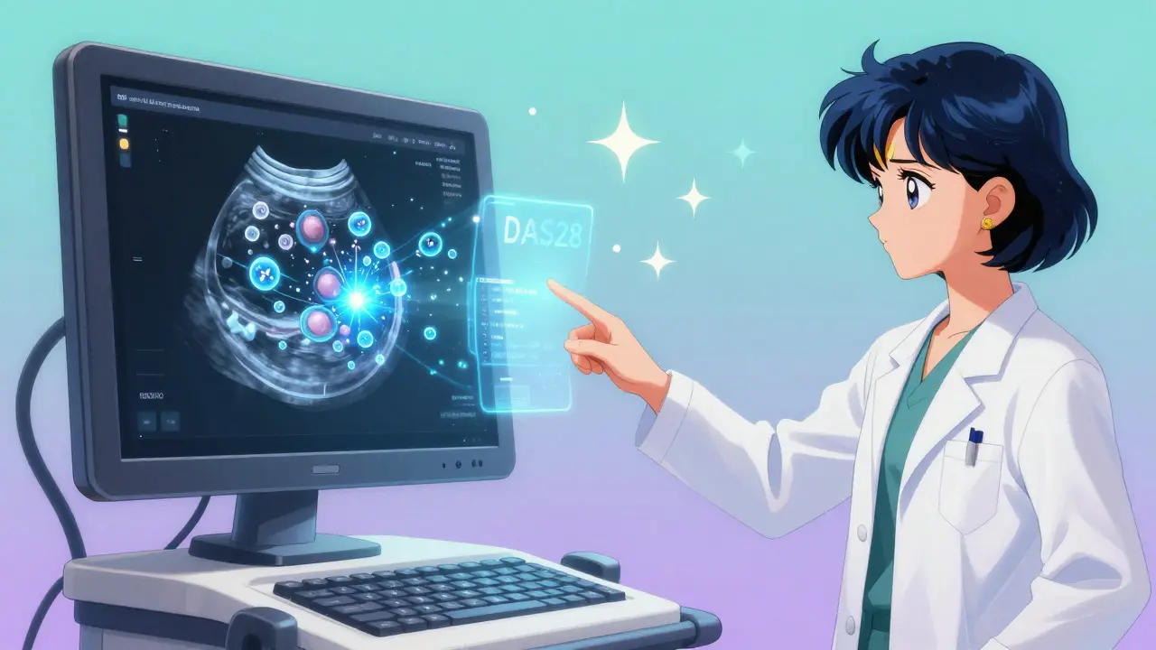 A doctor using a glowing ultrasound probe to reveal inflamed joints with sparkling T-cells, in anime style.