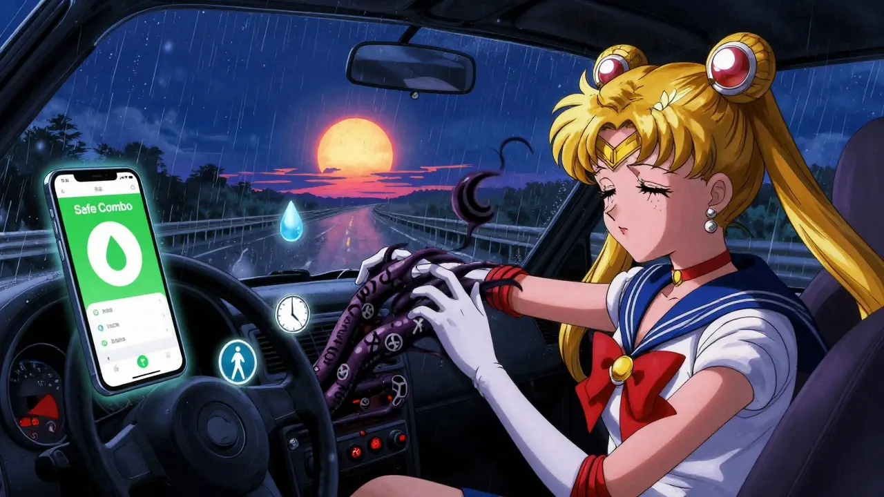 A driver fighting drowsiness at night, shadowy drug symbols looming, while a glowing app and sunrise offer protection.