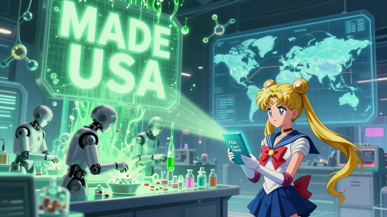 A futuristic U.S. drug factory with robotic workers and a glowing 'MADE IN USA' banner under FDA fast-track light.