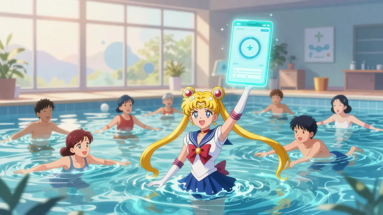 A group of people exercising in water, glowing with energy, digital app tracking their progress at sunrise.