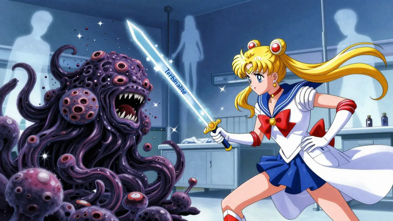 A heroic figure fighting a fungal monster with an antifungal sword in a hospital setting.