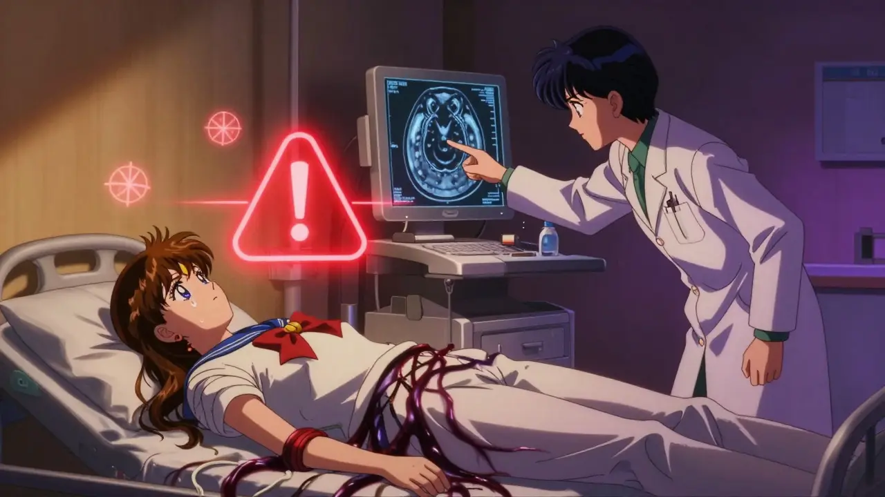 A medical emergency scene with a saddle-shaped warning symbol and dark tendrils representing spinal pathology.