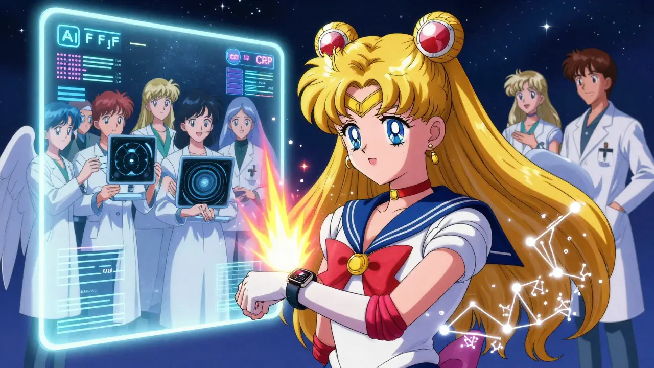 A patient wearing a smartwatch that predicts flares, with AI data streams and medical angels in the background, anime style.