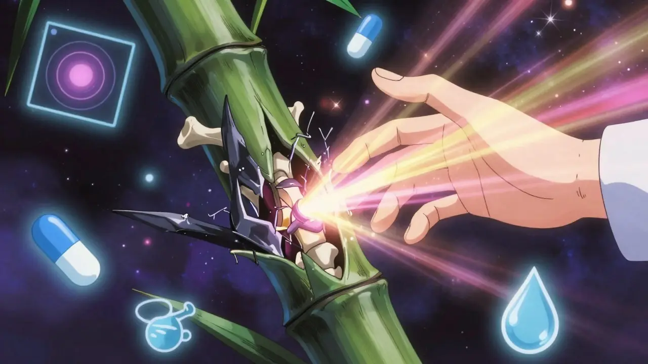 A spine turning into bamboo as healing light stops bone fusion, surrounded by floating medical symbols.