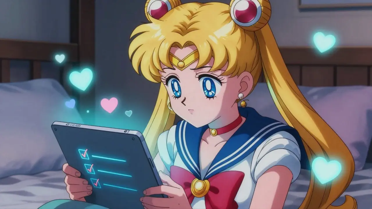 Anime character using tablet with abstract hearts and checkmarks