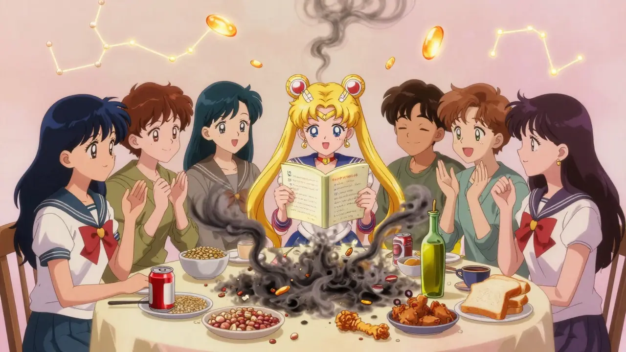 Diverse people eating wholesome foods as processed foods turn to ash, with glowing nutrients in the background.