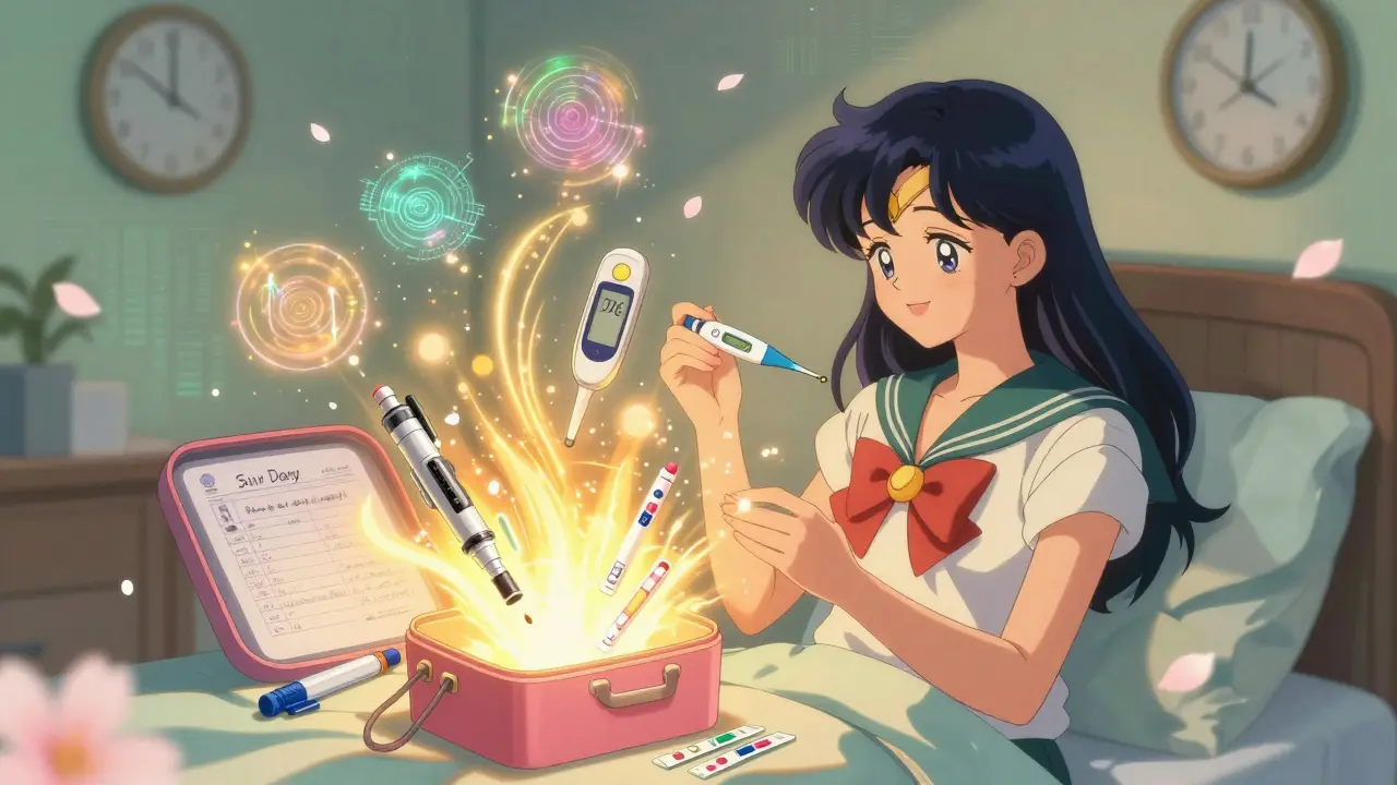 Glowing sick day kit bursting with supplies, CGM graphs like orbs, cherry blossoms drifting, symbolizing readiness.