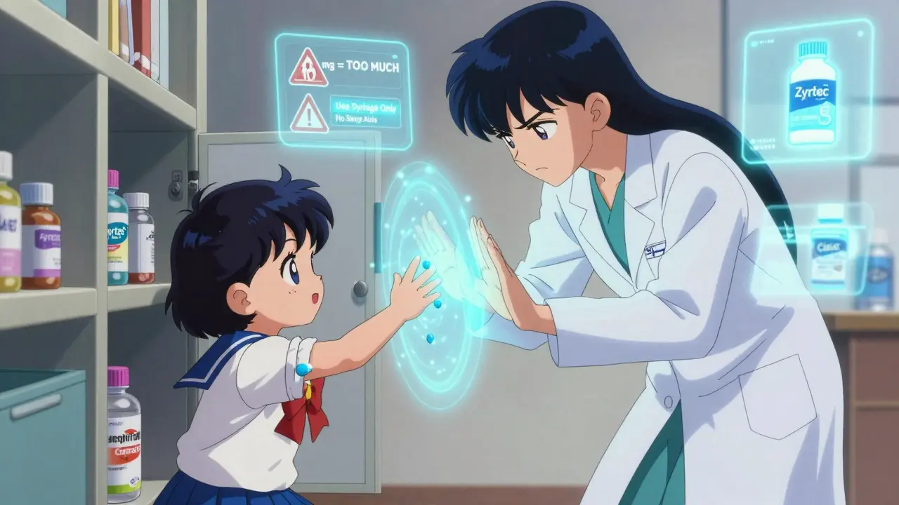 Guardian spirit stops child from grabbing wrong antihistamine tablet, with safety warnings floating nearby.