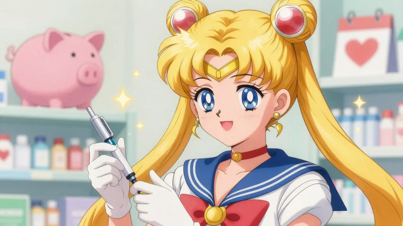 Patient smiling with insulin pens and golden sparkles symbolizing savings