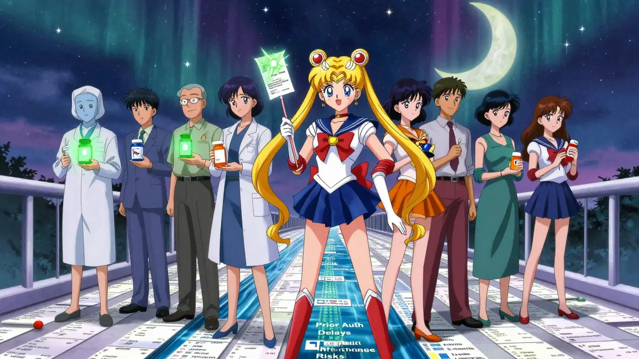 Patients stand on a prescription bridge, holding covered and denied pills, with a glowing appeal letter transforming into a wand.