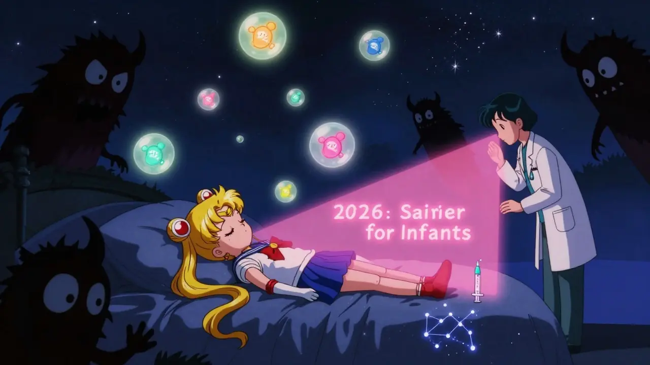 Peaceful sleeping child surrounded by safe antihistamine orbs, while Benadryl shadows are banished.