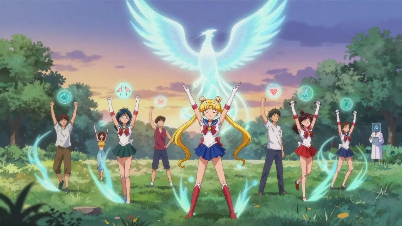 People exercising joyfully in a park, surrounded by energy trails, symbolizing effective back pain therapy.