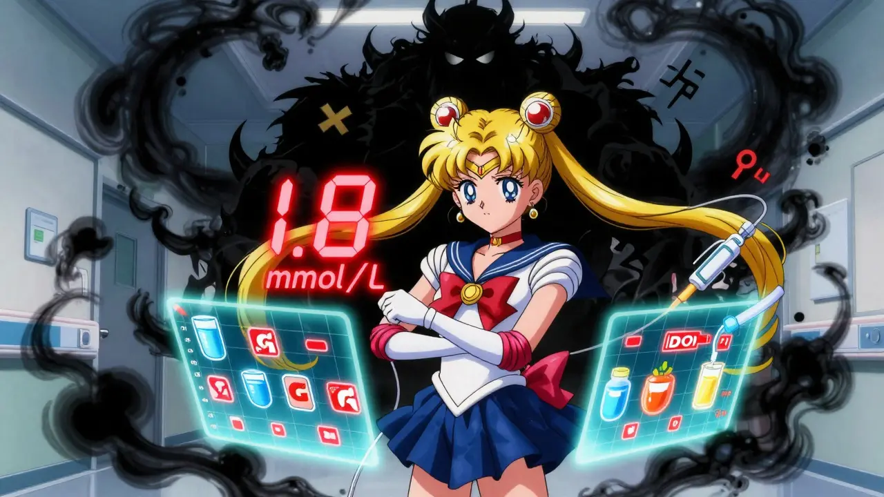 Teen adjusting insulin pump as ketone warnings blaze red, DKA monster looming, fluid icons forming a shield.