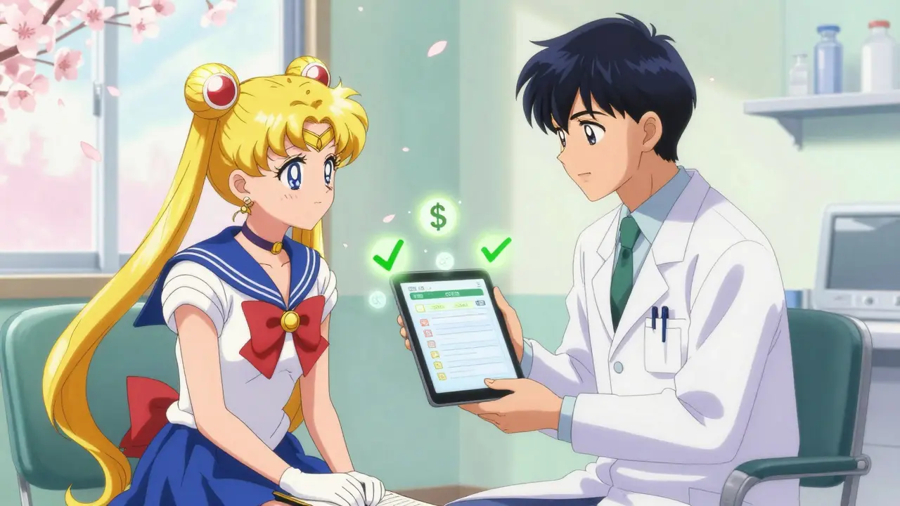 A doctor and patient review prescription costs together with glowing digital tools in a sunny clinic.