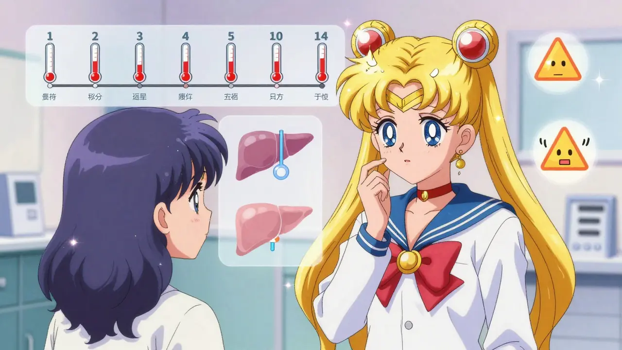 A doctor and patient view a timeline of steroid effects on blood sugar, with visual indicators of symptoms and risks.