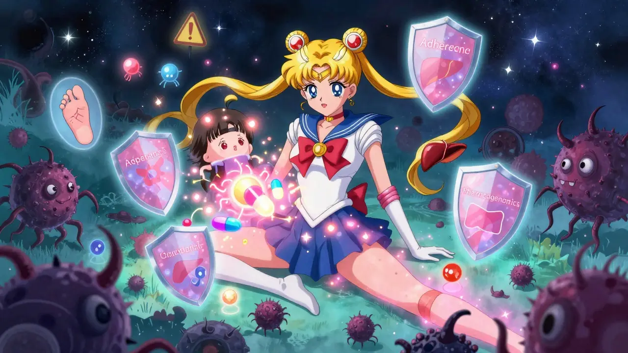 A glowing body battles cancer cells with pill-shaped warriors, protected by adherence and genetic shields.