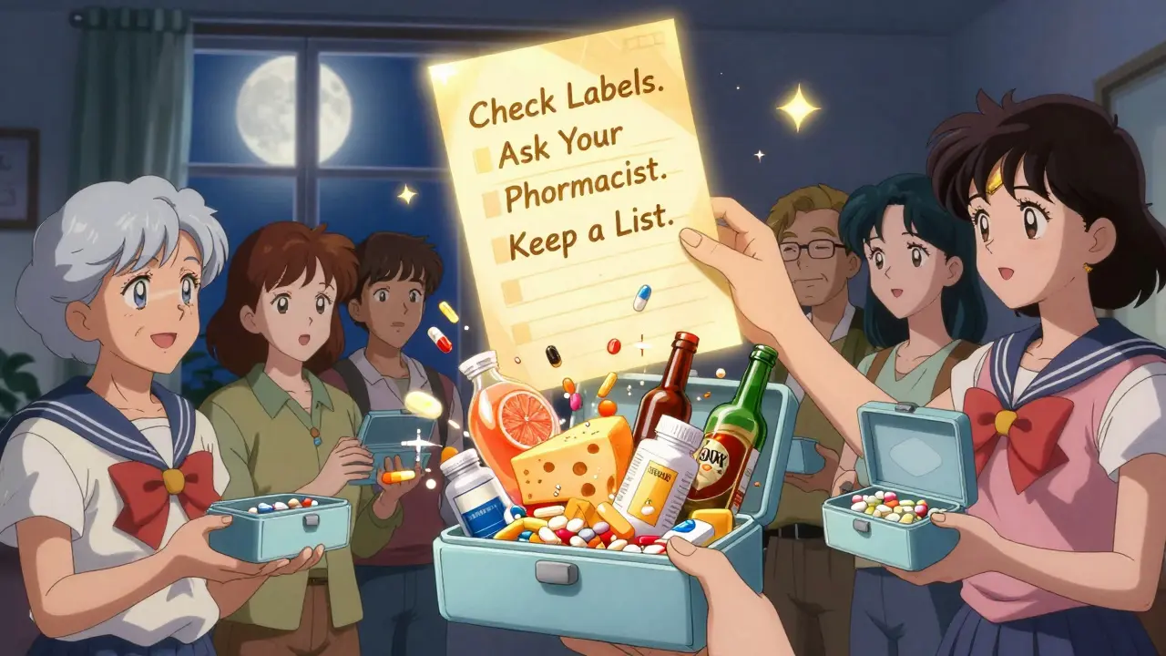 A group of people surrounded by their medicines and risky foods, with a glowing checklist above them.