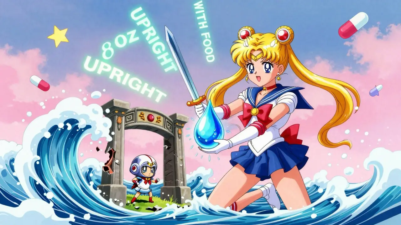 A magical battle in the body where a water droplet warrior defends the esophageal gate from acid waves, in anime style.