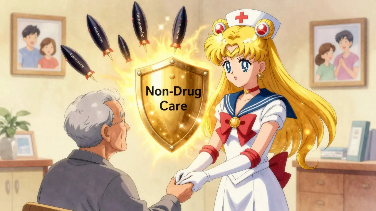 A nurse protects a dementia patient with a glowing shield as dark antipsychotic pills are blocked away in a warm nursing home setting.