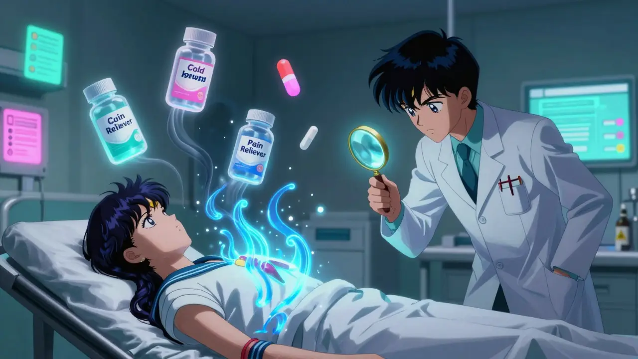 A patient in an ER with serotonin waves and OTC meds releasing dark energy while a pharmacist intervenes.