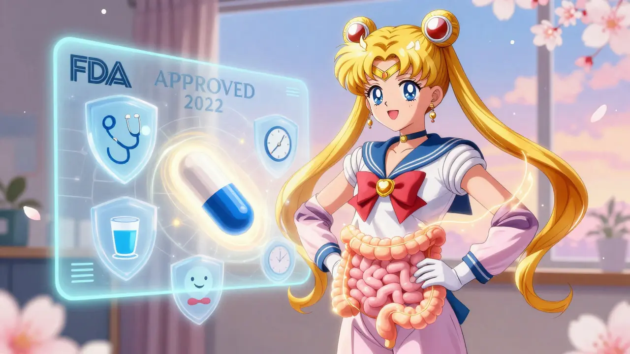 A patient radiating relief as a next-gen pill safely dissolves in the intestine, with protective shields and dawn light, in Sailor Moon anime style.