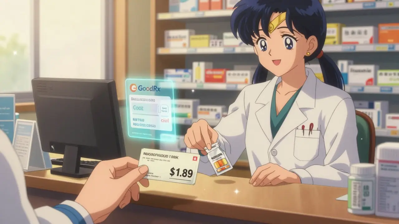 A pharmacist hands a customer low-cost medication with a .89 price tag in a cozy independent pharmacy.