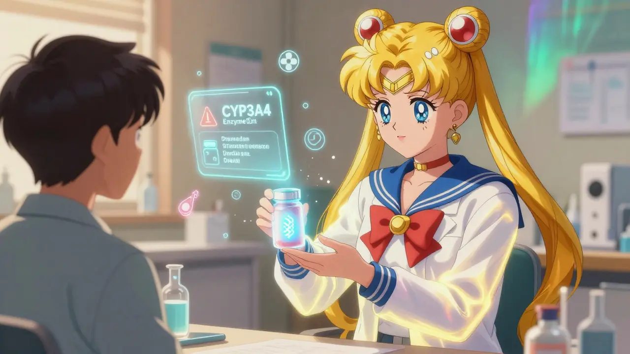 A pharmacist hands a smart pill bottle to a patient, with holographic safety warnings floating in the air.