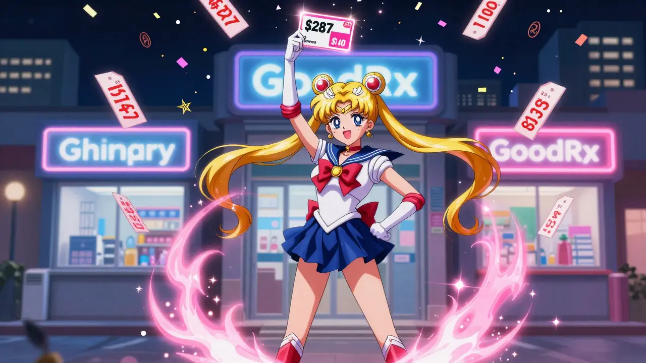 A woman triumphantly holds a magical discount card as price tags fall like stars around three pharmacies.