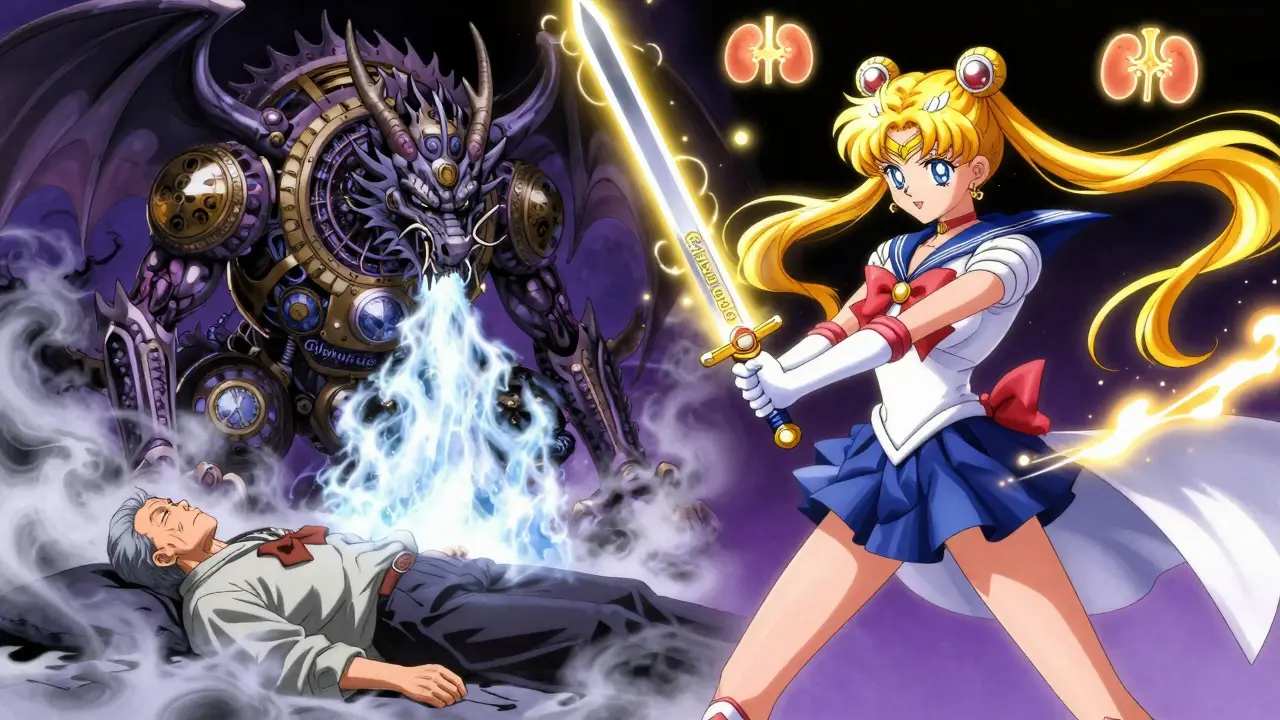 Battle between glyburide dragon and glipizide warrior in anime style, symbolizing hypoglycemia risk vs safety.