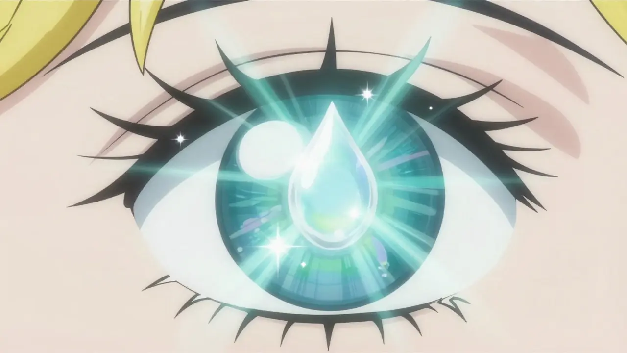 Close-up of an anime eye protected by a glowing water droplet shield.