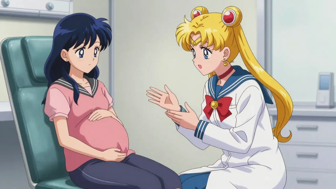 Doctor reassuring a pregnant patient in a clinic